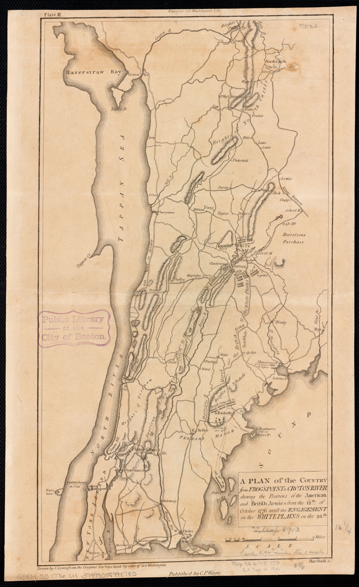 Revolutionary War military map, Frog's Point to Croton River, October 1776. Boston Public Library, public domain.